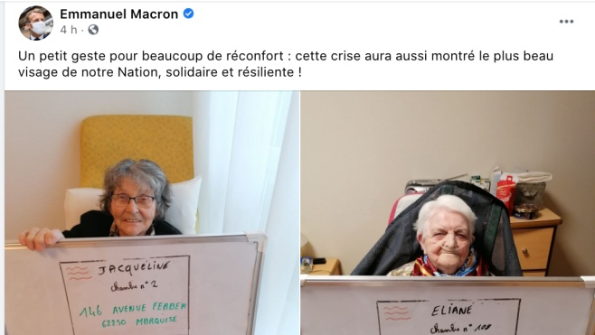 Emmanuel Macron partage un post de l'Ehpad La Sainte Famille à Marquise !