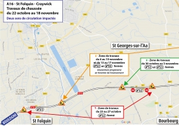 L'A16 en travaux entre St Folquin et Craywick jusqu'au 18 novembre.