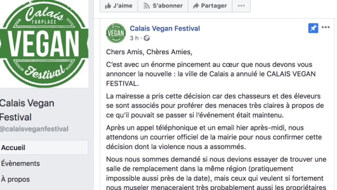 La ville de Calais annule un festival Vegan à cause de menaces !