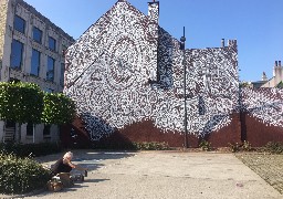 Motif géant de dentelle sur le mur d’une ancienne maison de tulliste à Calais